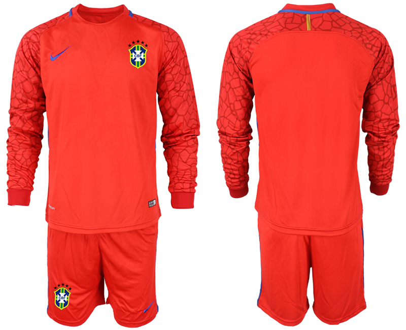 Men 2020-2021 Season National team Brazil goalkeeper Long sleeve red Soccer Jersey1->brazil jersey->Soccer Country Jersey